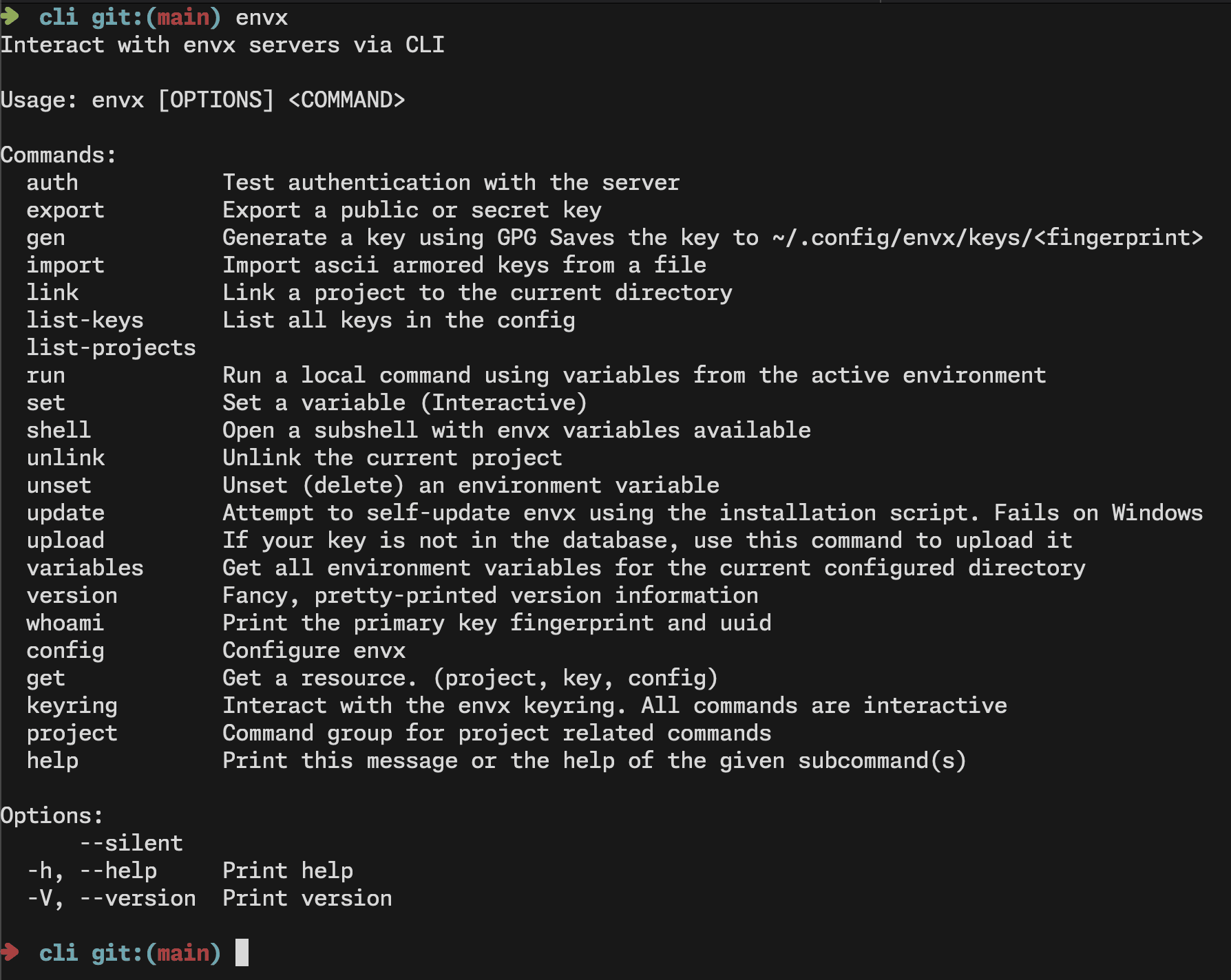 envx CLI help output